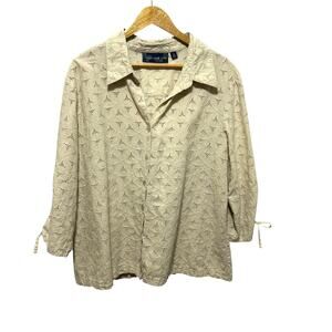 Susan Graver Womens Beige Eyelet Button Blouse 2X Cotton Boho Cottagecore Mature